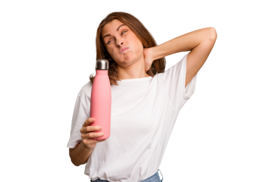 Young caucasian woman holding a pink thermo isolated touching back of head, thinking and making a choice.