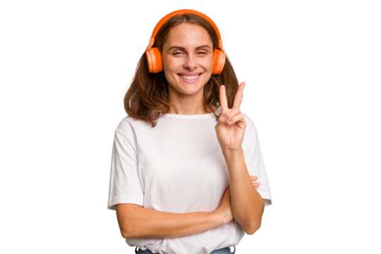 Young caucasian woman listening to music with headphones isolated showing number two with fingers.
