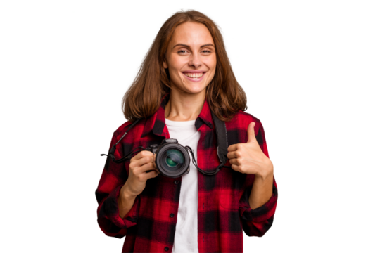 Young photographer caucasian woman isolated smiling and raising thumb up