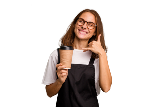 Young caucasian woman holding takeaway coffee isolated showing a mobile phone call gesture with fingers.
