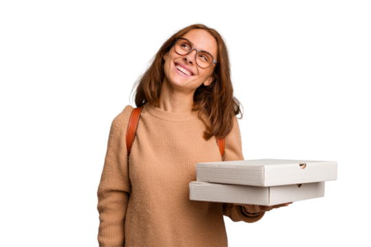 Young student woman holding pizzas isolated dreaming of achieving goals and purposes