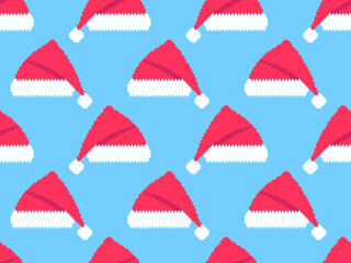 Pixel Santa Claus hat seamless pattern. Christmas hat in pixel art style on a blue background. Festive design for greeting cards, wrapping paper, banners and posters. Vector illustration