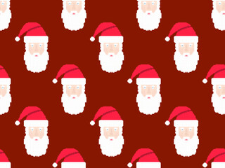 Seamless pattern with Santa Claus in pixel art style. Pixelated face of Santa Claus in retro style hat with 8-bit graphics. Christmas design for greeting card, poster and banner. Vector illustration