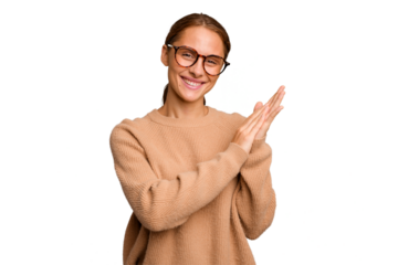 Young caucasian woman isolated feeling energetic and comfortable, rubbing hands confident.