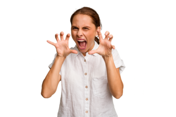 Young caucasian woman isolated upset screaming with tense hands.