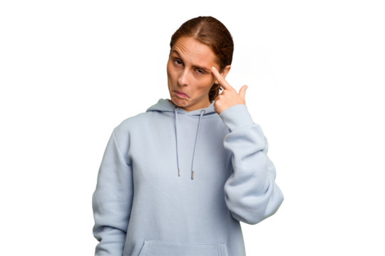 Young caucasian woman isolated pointing temple with finger, thinking, focused on a task.