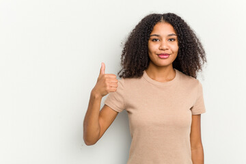 Young african american woman isolated on white background smiling and raising thumb up