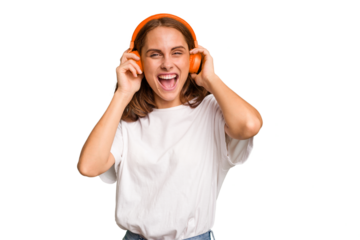 Young caucasian woman listening to music with headphones isolated
