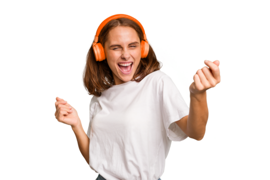 Young caucasian woman listening to music with headphones isolated