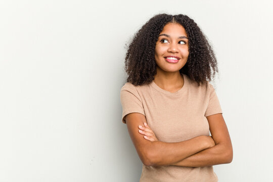 Young African American Woman Isolated On White Background Smiling Confident With Crossed Arms.