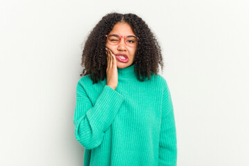 Young african american woman isolated on white background having a strong teeth pain, molar ache.