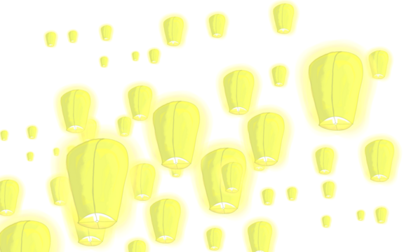 Illustration of yellow sky lanterns floating against a white background. Minimalist design with a soft, glowing effect