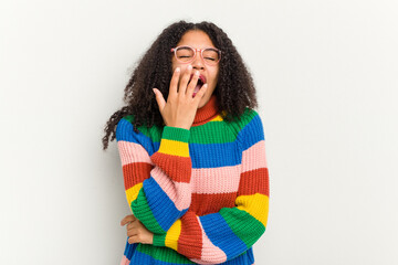 Young african american woman isolated on white background yawning showing a tired gesture covering mouth with hand.