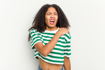 Young african american woman isolated on white background having a shoulder pain.