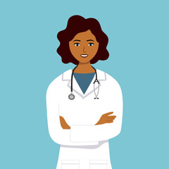 Fototapeta premium Black female doctor with stethoscope in flat design.