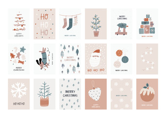 Fototapeta na wymiar Boho Christmas vector posters with Christmas decor elements in flat style
