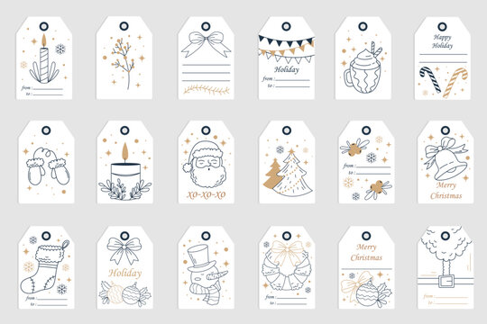 Christmas tags flat icons set. Labels with different winter holidays elements. Santa Claus, snowman in black hat, wreath, hot chocolate and socks. Winter holiday badges. Color isolated illustrations