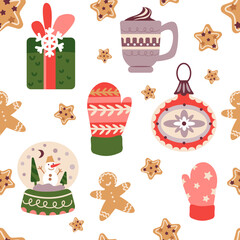 Festive seamless pattern with Christmas gifts on a white background.Vector illustration