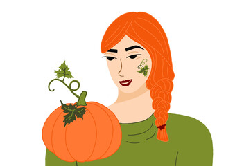 Portrait of red haired girl with pumpkin. Hand drawn illustration. Female portrait.