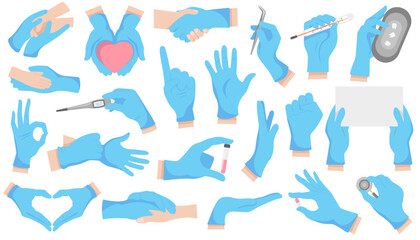Medical gloves flat icons set. Medical personal protective equipment. Doctors and patient hands. Thermometer, test tube and pills. Color isolated illustrations