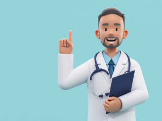 Cartoon doctor character pointing index finger up. Male medic specialist with stethoscope in doctor uniform. Medical concept. 3d rendering - obrazy, fototapety, plakaty
