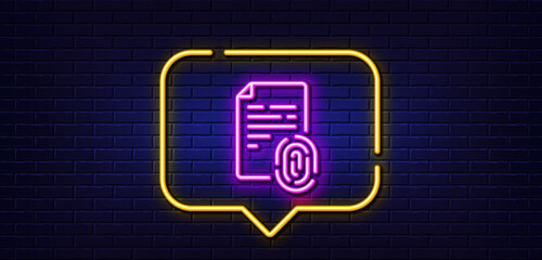 Neon light speech bubble. Fingerprint document line icon. Finger print scan sign. Biometric identity symbol. Neon light background. Fingerprint glow line. Brick wall banner. Vector