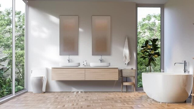 Animation of modern lcontemporary white bathroom with tropical style nature view 3d render,There are wooden floor decorated with wooden sink counter sunlight shine into the room