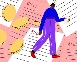 Woman having trouble with bills - obrazy, fototapety, plakaty