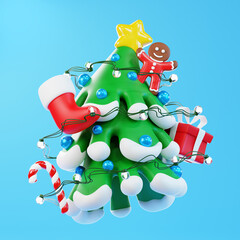 Creative 3d illustration of Merry Christmas and Happy New Year 2023 holiday card, banner, web poster. Christmas tree with garland, gift, gingerbread Man, candy cane and star. 3d rendering.