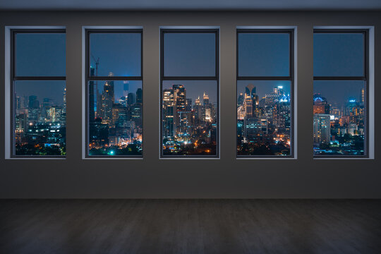 Empty room Interior Skyscrapers View Bangkok. Downtown City Skyline Buildings from High Rise Window. Beautiful Expensive Real Estate overlooking. Night time. 3d rendering.