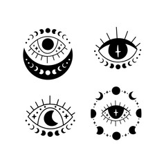 Mystical spiritual evil eye vector illustration set. Hand drawn celestial eye with moon phase. Witchcraft, occult third eye, esoteric clipart. Decorative voodoo symbol.