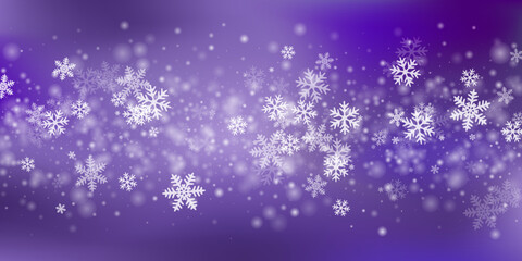 White heavy snowflakes background. Winter dust freeze particles. Snowfall sky white purple illustration. Blurred snowflakes january vector. Snow hurricane scenery.