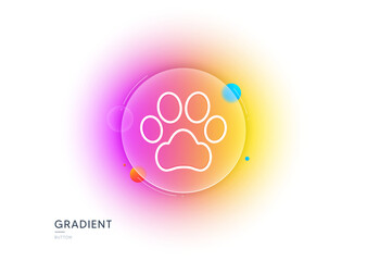 Dog paw line icon. Gradient blur button with glassmorphism. Pets care sign. Animal step symbol. Transparent glass design. Dog paw line icon. Vector