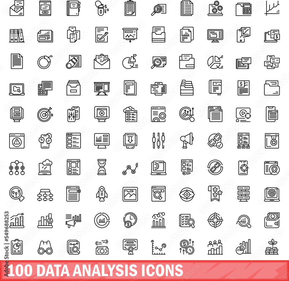 Poster 100 data analysis icons set. outline illustration of 100 data analysis icons vector set isolated on 
