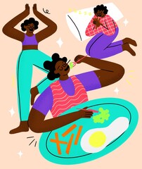 Woman self care - eating healthy, yoga, sleeping