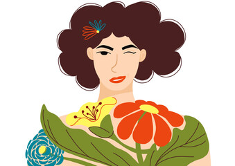 Portrait of happy girl with flowers. Lady smiles, winks her eye and enjoys life. Hand drawn illustration.