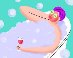 Self-care - woman in bath with wine