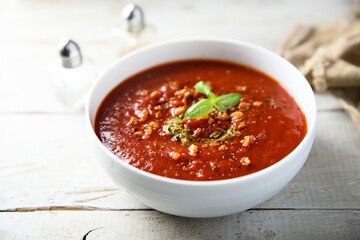 Tomato soup with pesto sauce