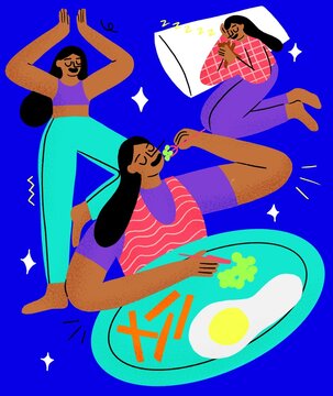 woman self care - eating, yoga, sleeping