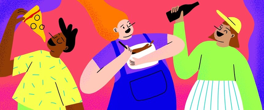 Three friends, cooking, eating, drinking