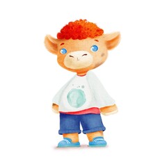 A cute cartoon calf in shorts and a long sleeve t-shirt on a white background. Texture illustration.