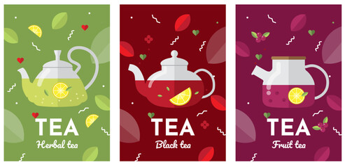 Beautiful set of vector posters for your projects. Isolated tea elements and patterns. Simple minimalistic flat design style. Different types of tea in teapots. Breakfast. - 549688694