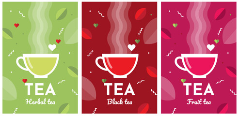 Beautiful set of vector posters for your projects. Isolated tea elements and patterns. Simple minimalistic flat design style. Different types of tea in teapots. Breakfast. - 549688695