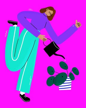 Woman caring for and watering plants