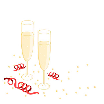 Champagne glasses, red ribbon and confetti, greeting card design template, vector