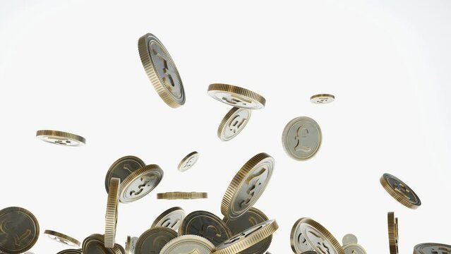 Falling golden coins isolated on white, money pound coins Falling