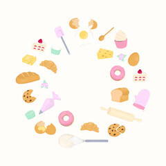 Pastel bakery and utensils on white background