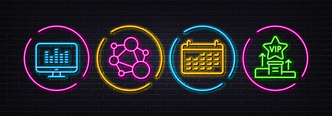 Music making, Integrity and Calendar minimal line icons. Neon laser 3d lights. Vip podium icons. For web, application, printing. Dj app, Social network, Business audit. Exclusive privilege. Vector