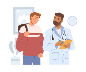 Man at doctors appointment, having consultation with specialist. Doc giving prescription and treatment, advice. Flat cartoon character, vector in flat style