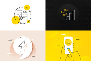 Minimal set of Electricity, Checkbox and Growth chart line icons. Phone screen, Quote banners. Clipboard icons. For web development. Electric energy, Survey choice, Diagram graph. Vector